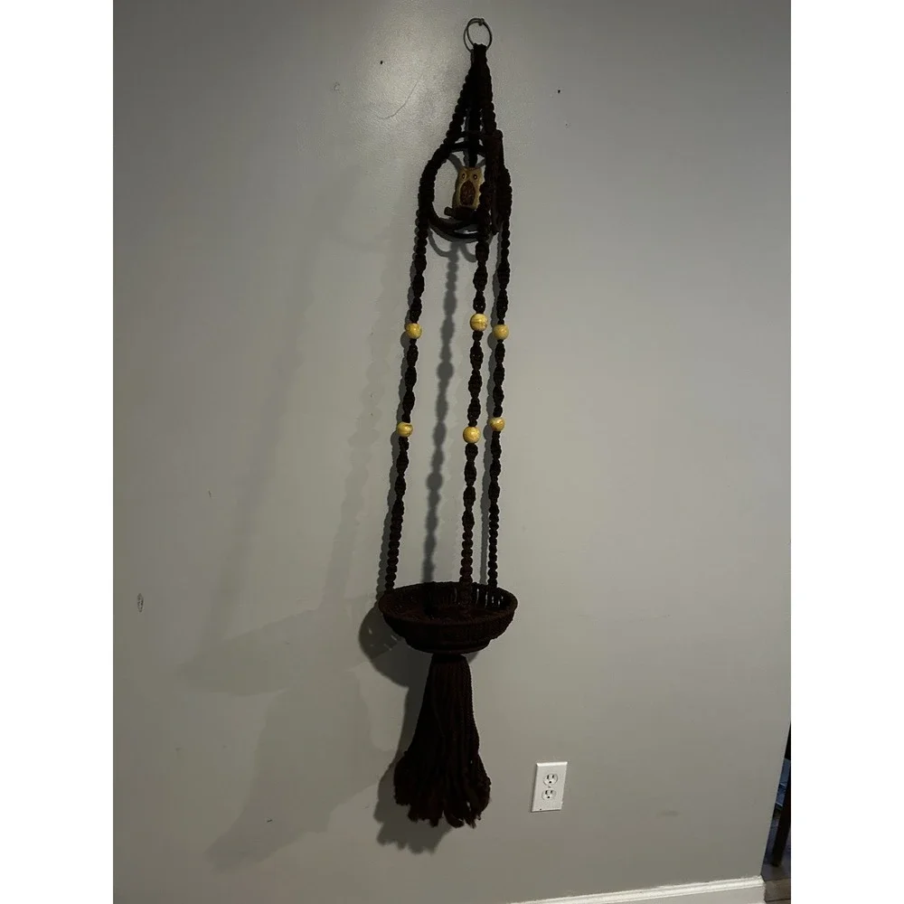 70's Macrame Hanging Plant Holder Ceramic‎ Owl Boho Beads Hippie 58
